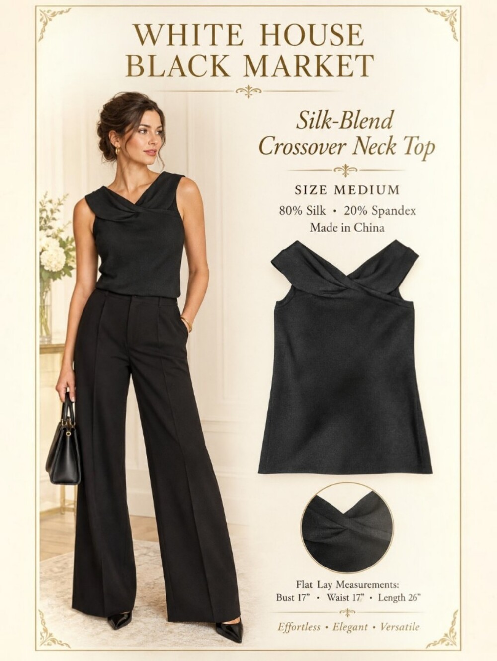 WHBM silk top, White House Black Market medium, black silk knit tank, sleeveless